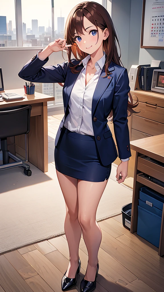 Highest quality, best quality, 1080p, 8K, masterpiece, first class, (perfect, well-formed face), frontal, (full body), one person, depicts professional people working in an office environment. One is holding a pen and posing strongly. Posed with right arm raised, palm at shoulder level, modern navy blue recruit suit jacket, navy blue skirt, small chest, (red string around neck), (employee ID card in clear plastic case), brown hair, modern desk with recruit posters and calendar, urban skyline in background, Soft natural light illuminating the room, highest resolution, recruiter's smile, serious face and big smile shows motivation and desire for career advancement,