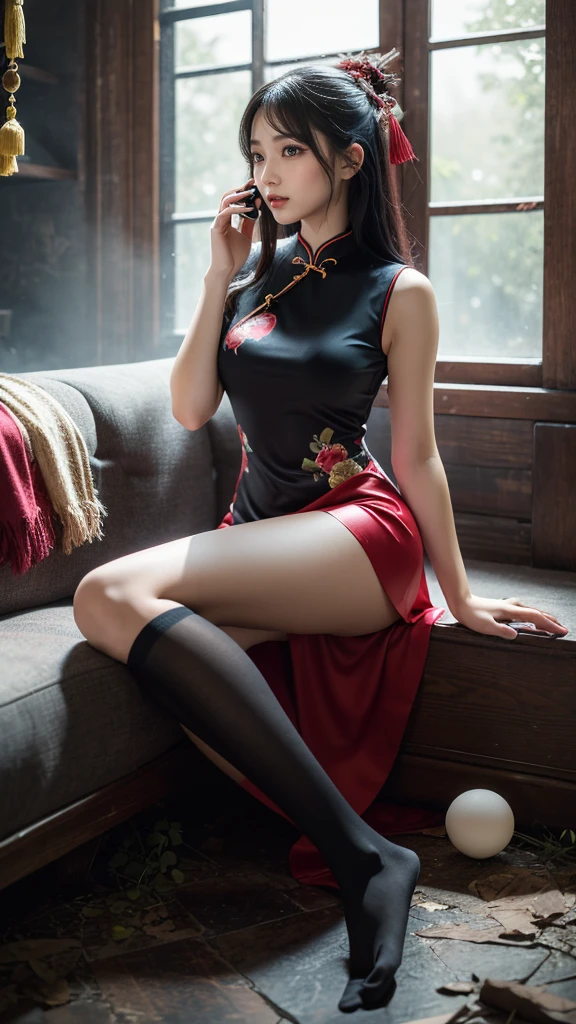 ((high-detail)),((high quality)),((Highresolution)),woman,teen,Classroom,(Short Cheongsam),(Pantyhose,),photorealistic,cinematography,natrual light,FLS,Background bokeh,(sensual pose)