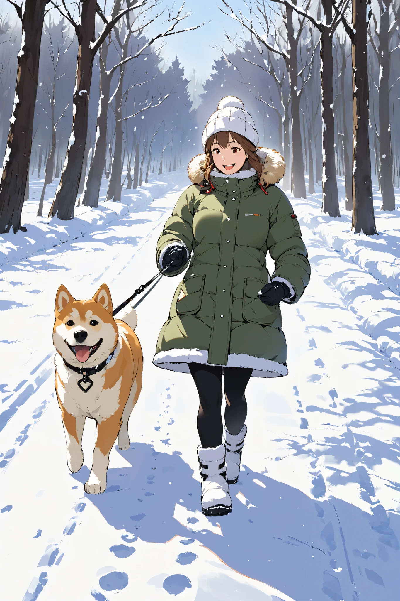 Focus on footprints,,Japanese theatrical animation style illustration,Woman walking with Akita dog on snowy road, snow footprints, ,profile, woman smiling, dog enjoying walk, thermal parka, thermal fleece skirt, thick tights, snow boots, gloves, smiling at dog, snow footprints of Akita dog, snow boot tracks、hand,hand,Dog collars, dog leashes,Thermal ear muffs