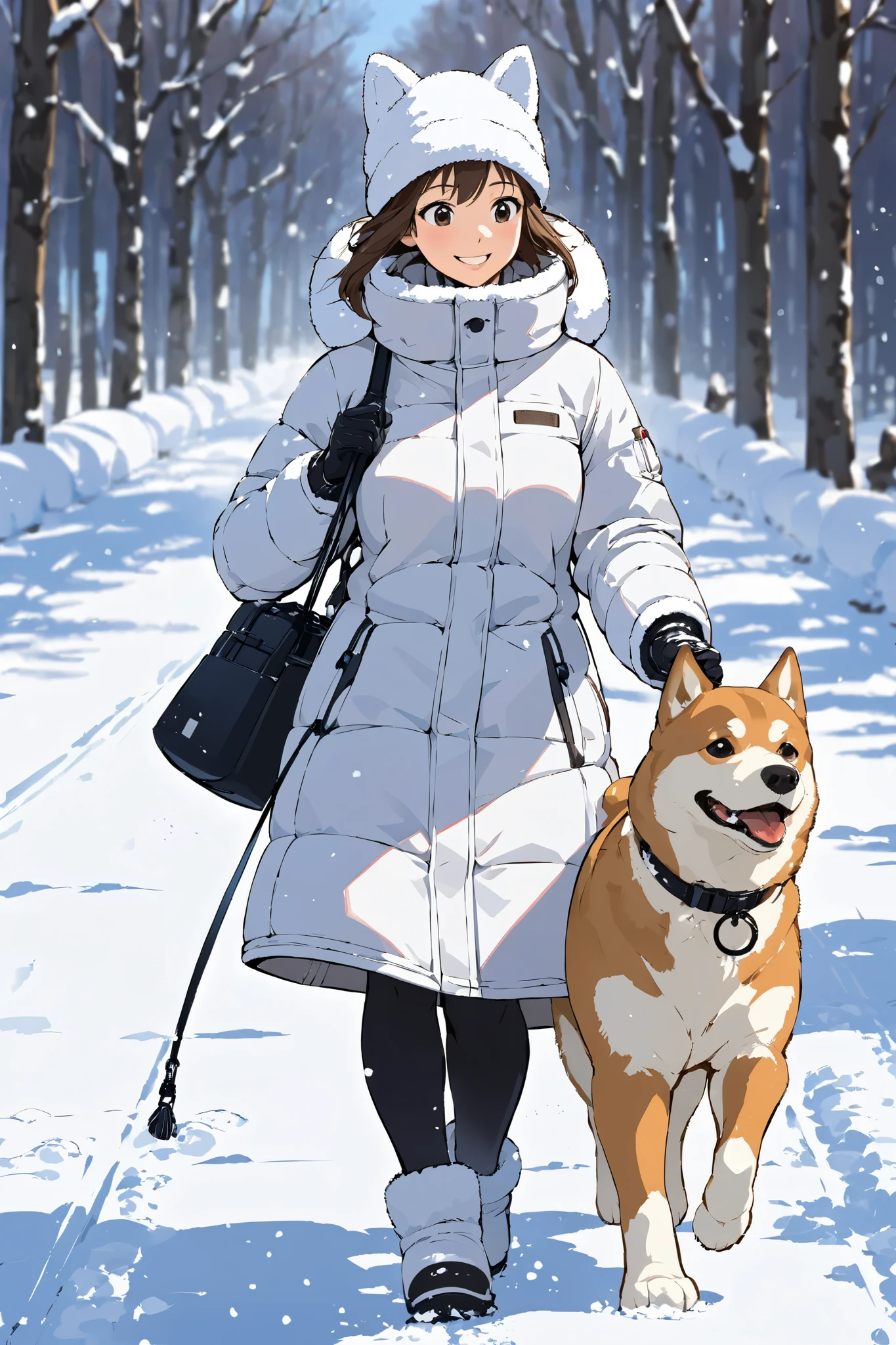 Focus on footprints,,Japanese theatrical animation style illustration,Woman walking with Akita dog on snowy road, snow footprints, ,profile, woman smiling, dog enjoying walk, thermal parka, thermal fleece skirt, thick tights, snow boots, gloves, smiling at dog, snow footprints of Akita dog, snow boot tracks、hand,hand,Dog collars, dog leashes,Thermal ear muffs