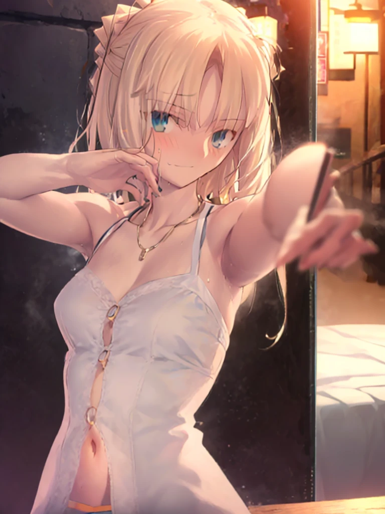 great masterpiece、Super delicate、1girl in、、in one's underwear only、red lingerie、a necklace、large full breasts、all-fours、to close range、proximity、Kamimei、Looking up at me、red blush、Embarrassing、Troubled face、Slightly open ゼタ