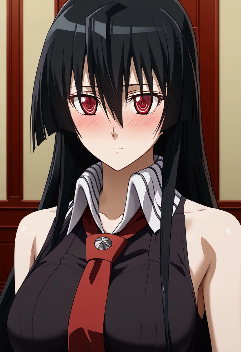 A highly detailed portrait of a beautiful girl with long black hair, red eyes, and hair between her eyes,  large breasts, and blushing expression,Akamegakill, abdomen definido,  sin ropa interior, desnuda, encima de un pene, recibiendo semen dentro de su vagina,