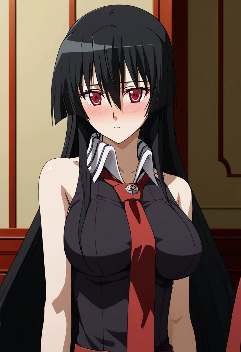 A highly detailed portrait of a beautiful girl with long black hair, red eyes, and hair between her eyes,  large breasts, and blushing expression,Akamegakill, abdomen definido,  sin ropa interior, desnuda, encima de un pene, recibiendo semen dentro de su vagina,