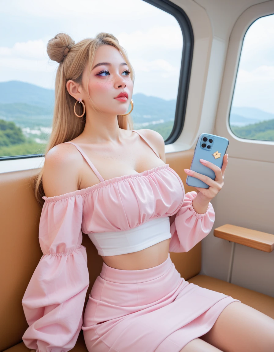 1girl, solo, masterpiece, best quality, long blonde straight hair, soft pink lips, Asian Girl, space buns, blue eyes, gold hoop earrings, off the shoulder white crop top, short pink dress, holding up her phone, light makeup, freckles, sitting on a bus/landscape, round breasts