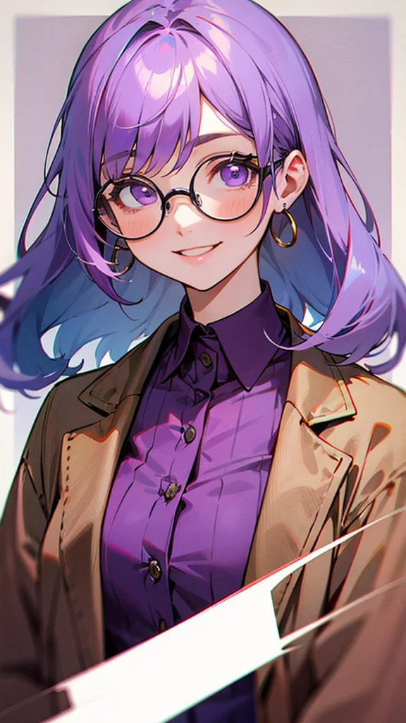 20-year-old woman、 lavender-colored hair 、Purple Eyes、 big smile 、Wearing black-rimmed glasses、 brown jacket、pink blouse shirt、 upper body