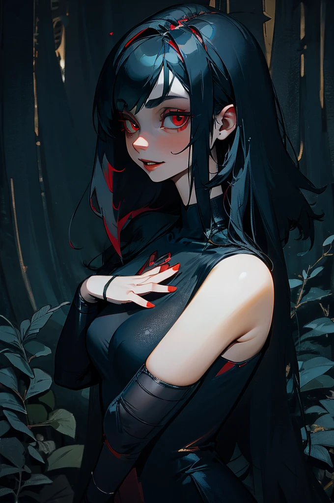 Short vampire with long silver hair, red eyes, fair skin, wearing a cape detailed with gold edges, her black gothic black dress extends lightly across her body.. She finds herself in a misty forest . She is very happy and kind-hearted