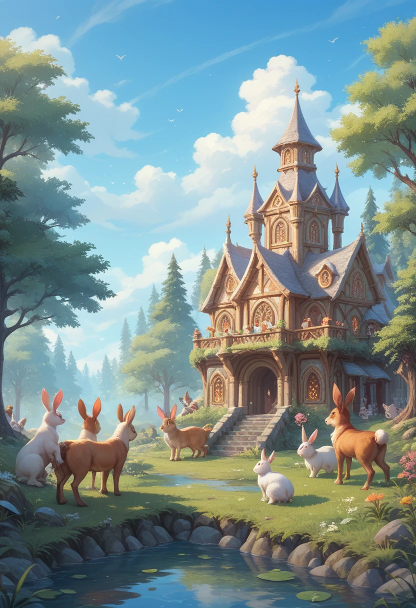 Medieval big gate of a kingdom town as seen in high-fantasy anime, the gate is surrounded by lushful greeneries and forestry, around the forest one can seen some animals like deers and rabbits, 