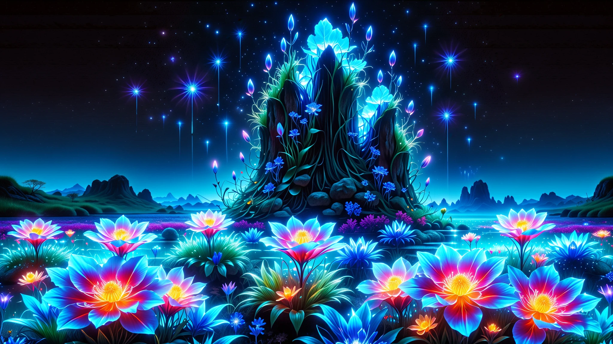 A Masterpiece In 32K Resolution, Supreme Quality, Super Detail, Official Art, Very High-Resolution 32K Wallpaper, Beautiful And Aesthetic, Ultra-Detailed Features, Awe-Inspiring Detail. A Vast Meadow On An Extraterrestrial Planet, Covered In Soft, Glowing Grass That Waves Like A Bioluminescent Ocean. Oversized, Iridescent Flowers Tower Above The Grass, Each Petal Emitting A Soft Light That Changes Colors. The Scene Is Framed By Massive Floating Rocks With Bioluminescent Veins, And A Two-Moon Sky Adds A Cosmic Touch To The Otherworldly Setting.