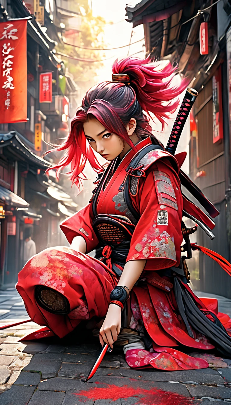 Water colour technic,NijiXmiya illustration Manhwa anime style portrait/a female samurai/intricate red samurai armour /ponytail hair/black base,pink dye dip hair/kneeling on the ground/stabbing katana sword to the ground/background(Old Tokyo city alley street)/(8k,wallpaper of extremely detailed CG unit, high resolution, top-quality, top-quality real texture skin, hyper realistic, increase the resolution, RAW photos, best quality, highly detailed, the wallpaper,golden ratio,high saturation realism, vibrant colors, dramatic lighting, persuasive storytelling, atmospheric scenery, captivating visuals, intricate details, strong emotions,dreamlike world