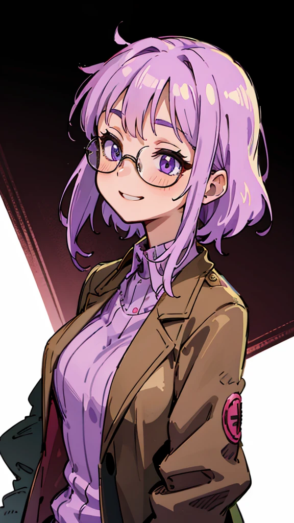 20-year-old woman、 lavender-colored hair 、Purple Eyes、 big smile 、Wearing black-rimmed glasses、 brown jacket、pink blouse shirt、 upper body