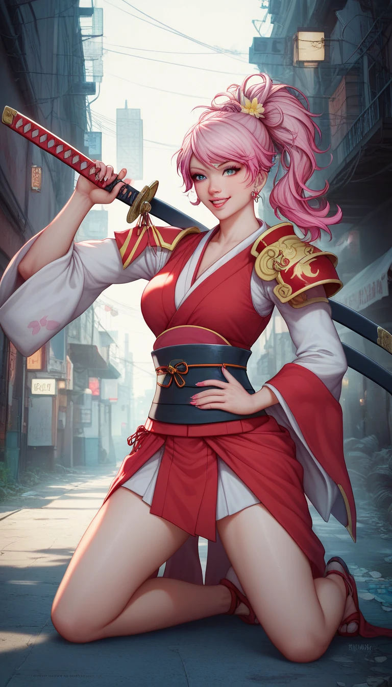 Water colour technic,NijiXmiya illustration Manhwa anime style portrait/a female samurai/intricate red samurai armour /ponytail hair/black base,pink dye dip hair/kneeling on the ground/stabbing katana sword to the ground/background(Old Tokyo city alley street)/(8k,wallpaper of extremely detailed CG unit, high resolution, top-quality, top-quality real texture skin, hyper realistic, increase the resolution, RAW photos, best quality, highly detailed, the wallpaper,golden ratio,high saturation realism, vibrant colors, dramatic lighting, persuasive storytelling, atmospheric scenery, captivating visuals, intricate details, strong emotions,dreamlike world