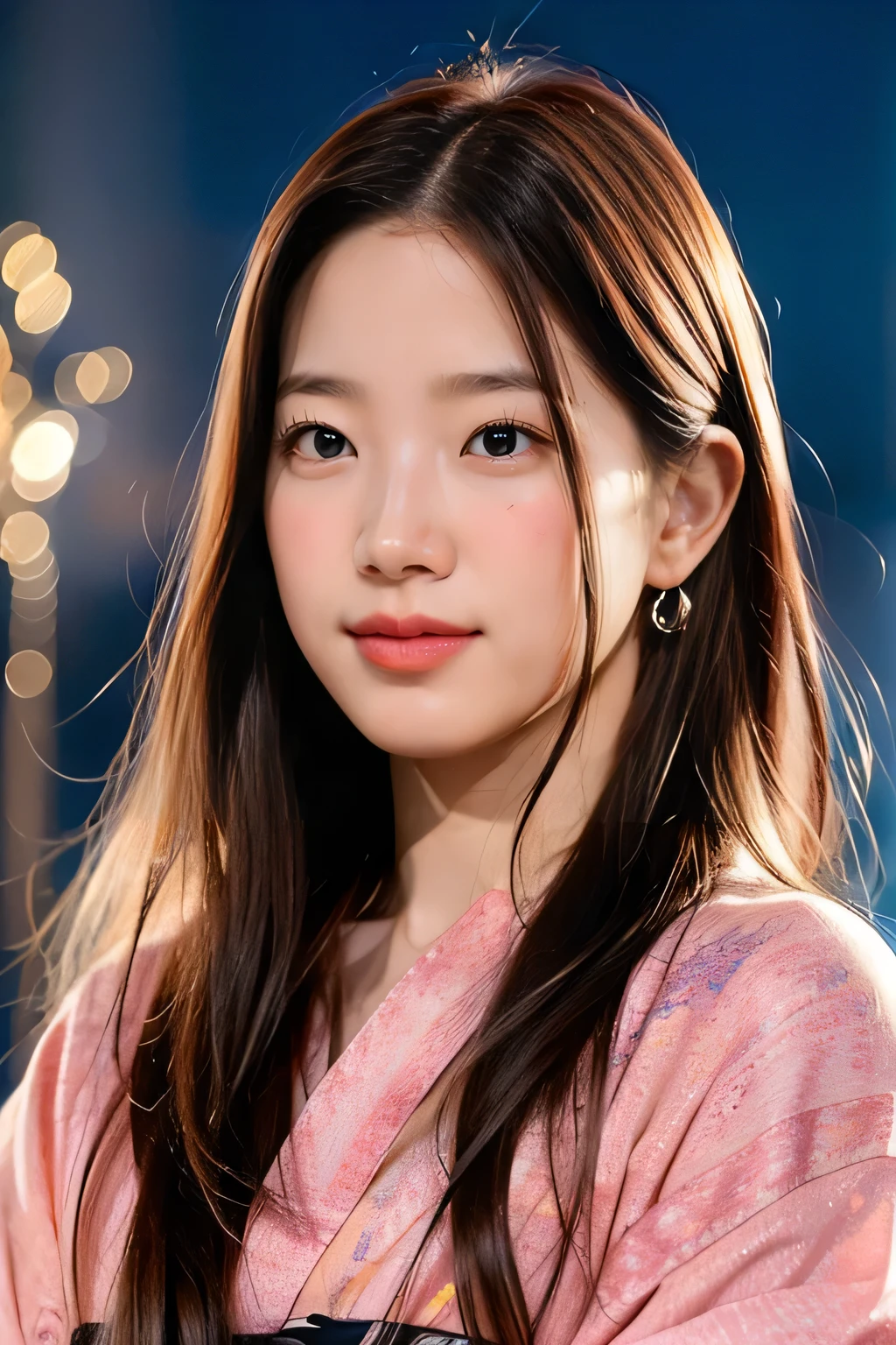 dramatic lighting, ultra-detailed, 8k, photorealistic, masterpiece, professional, vivid colors, cinematic, emotional portrait, Japanese、、younger sister、Randomly generated people with diverse facial features and hairstyles々、Perfect Anatomy,Ocean、Beach、firework、Night Sky、firework、yukata,