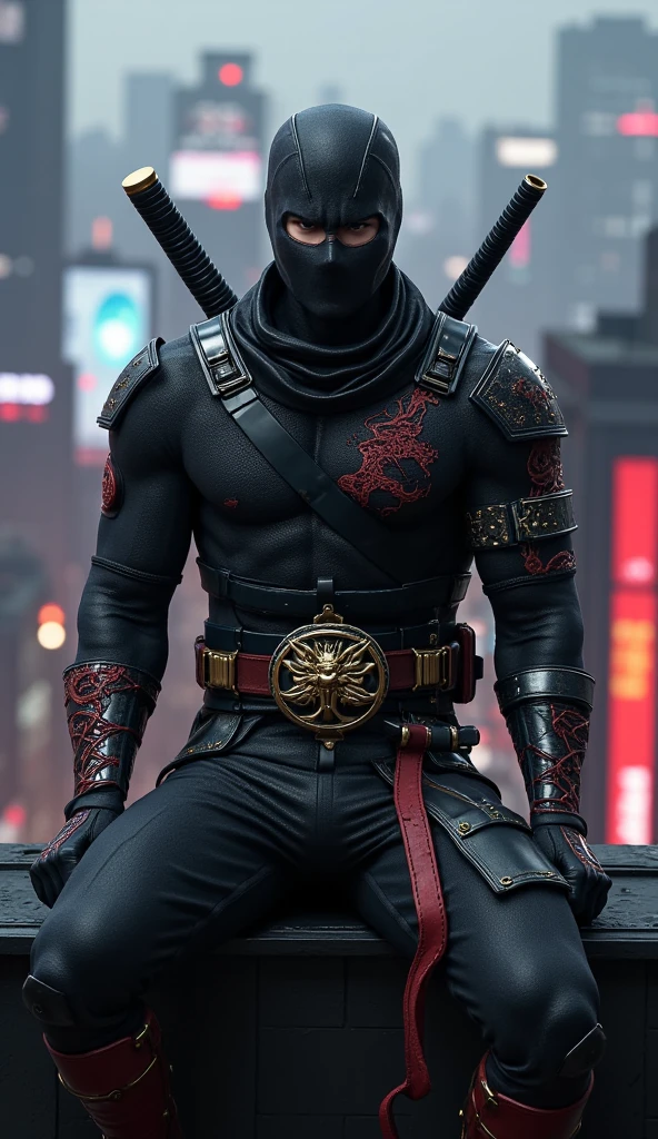  A male ninja is sitting on a city ledge,  cyberpunk art ，Created by Eddie Mendoza , Watch Ninja Gaiden . Ryu Hayabusa,  Digital Art, Tights , Strong body for men，mask.Headgear .Masked.Jumpsuit.stealth suit ,  is covered by a suit,  detailed figure , The human body , Future Technology City Background, Sitting on the roof,  Hero Pose Colorful City Lights , 高清4K手机wallpaper, 手机wallpaper,  The background is a city , No text, 惊人的wallpaper.Headgear .封閉的mask.（“ Tights，,("leggings
Full body image .  a modern and deadly ninja warrior  ,  wearing tight black combat armor ， Traditional and technological elements  .  He wears a ninja suit with metal details  ,  that combines his shoulders and forearms  ,  and a belt with a golden dragon emblem  . ， , ,   . .  Your posture reflects the perfection of a well-trained ninja  ,  muscular ，Well-proportioned body ,  dragon patterns on the blade  .  with red details  ,  his tall boots  ,  reflect speed and strength  ,  reveal his sight ， cleverly highlight  .  He is also wearing tight gloves with knuckle pads, sleeveless armor, and metal wrist braces.( Perfect Picture  )(Epic Image)(4k images)(  Many special effects  )( wallpaper )( video games )