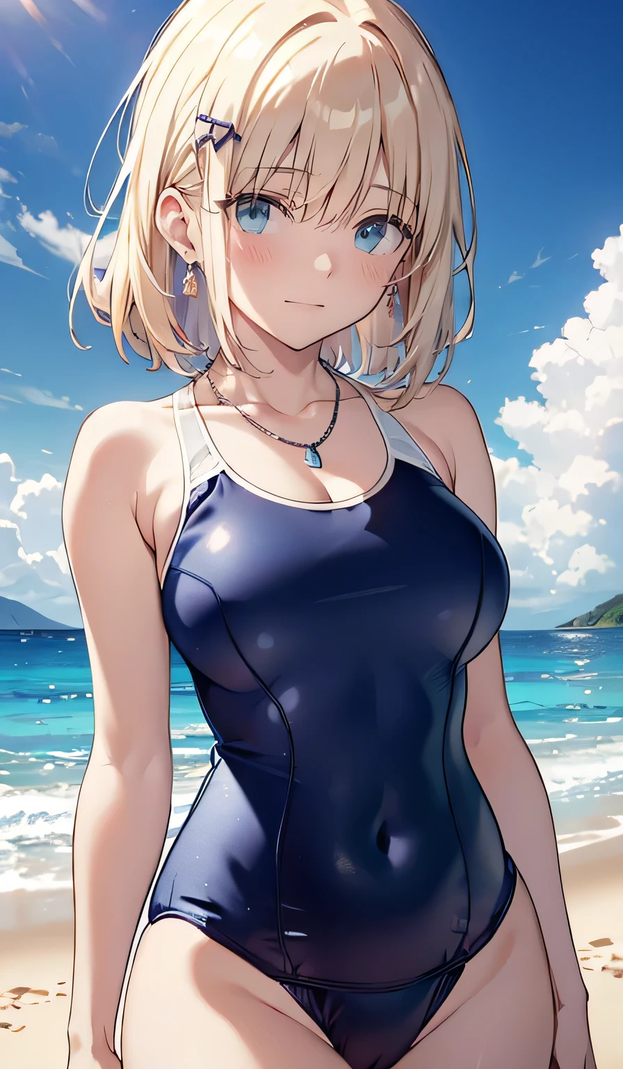 ((smile,smile,Big Breasts)),(  top quality,4K,  High Definition :1.2),   Melody Mark, absurd ,  ultra-detailed,  bright color , (school swimsuit:1.5) ,  Asymmetrical Bang ,  Blonde,  shiny hair, Delicate beautiful face, blush、( deep blue eyes:1.3),  white skin,  hair clip,  earrings for a woman alone,   Necklaces  , Beautiful Clouds, Clear sky,Seaside, sexy pose,sun,Sexy Costumes