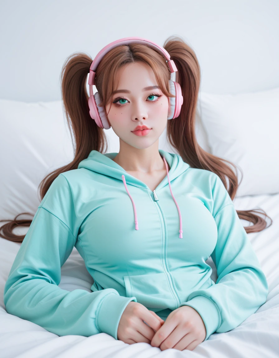 1girl, solo, masterpiece, best quality, long brown hair, pigtails, round breasts, mint green hoodie, light makeup, pink headphones on her head, laying on her bed, soft pink lips, 