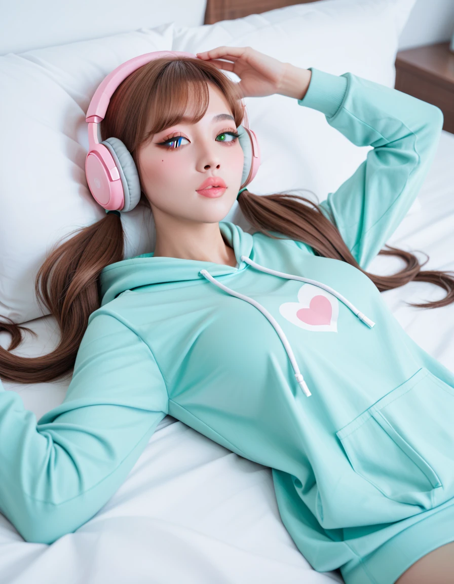 1girl, solo, masterpiece, best quality, long brown hair, pigtails, round breasts, mint green hoodie, light makeup, pink headphones on her head, laying on her bed, soft pink lips, 