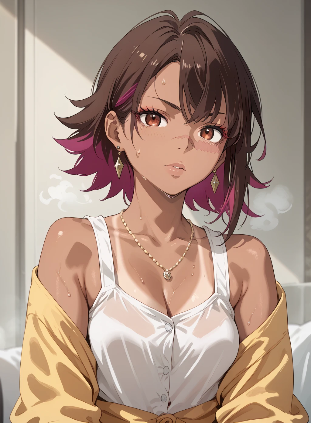 score_9, score_8_up, score_7_up, source_anime BREAK,rustshangri,brown hair, highlights, scar,pajamas,1 female,Medium breasts,tanlines,dark-skinned female,(steam,Sweat),gyaru, makeup, jewelry, lips,eyelashes,