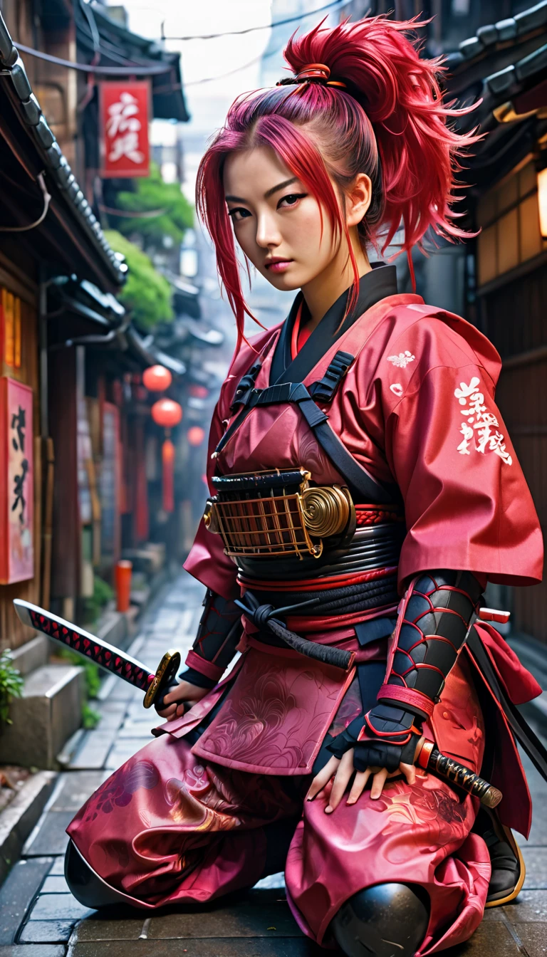 Water colour technic,NijiXmiya illustration Manhwa anime style portrait/a female samurai/intricate red samurai armour /ponytail hair/black base,pink dye dip hair/kneeling on the ground/stabbing katana sword to the ground/background(Old Tokyo city alley street)/(8k,wallpaper of extremely detailed CG unit, high resolution, top-quality, top-quality real texture skin, hyper realistic, increase the resolution, RAW photos, best quality, highly detailed, the wallpaper,golden ratio,high saturation realism, vibrant colors, dramatic lighting, persuasive storytelling, atmospheric scenery, captivating visuals, intricate details, strong emotions,dreamlike world