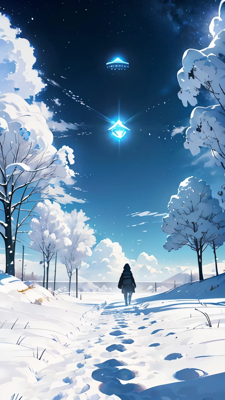 (Footprints continuing on a large snowy field :1.2)、( I don't know what footprints )、( footprints are suddenly interrupted )、( There is an unknown floating object floating in the sky:1.2)、 mysterious、 Sci-fi 、 High Quality 、 high image quality、masterpiece、wallpaper、8k、