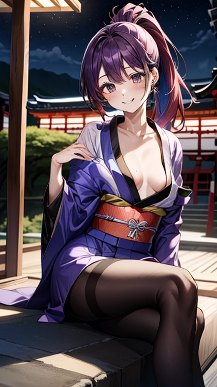best quality, masterpiece, (leaning over:1.2), 1girl, yuzuriha_(jigokuraku), purple hair, brown eyes, ninja, open clothes, cleavage, small breasts, topknot, medium hair, breasts apart, seductive smile, (blush:1.1), japanese exterior, temple, sengoku period town, town,