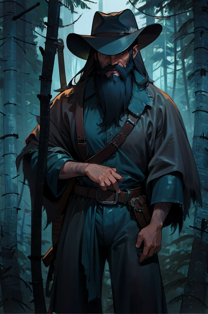 cowboy, misty forest, long beard, cowboy hat, machete, leather