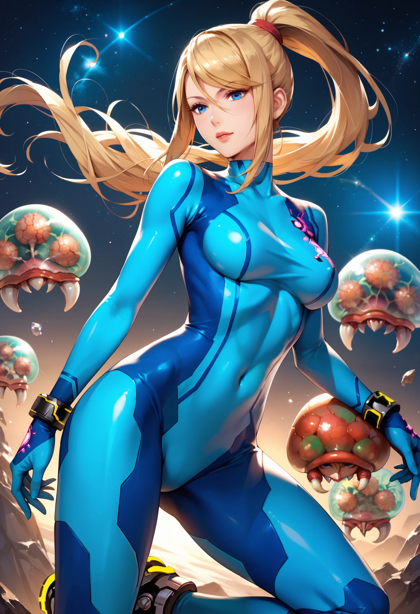 sfw, anime style, extremely detailed CG, high resolution, best quality, masterpiece, single woman, Samus (Metroid), blue eyes, (beautiful detailed eyes: 1.4), blonde hair, hair tied back, blue monosuit, slim waist, long legs, natural pose, space