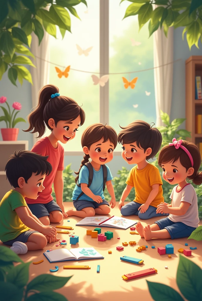 Create an image about students of the initial level in the learning method through recreational games with their teacher