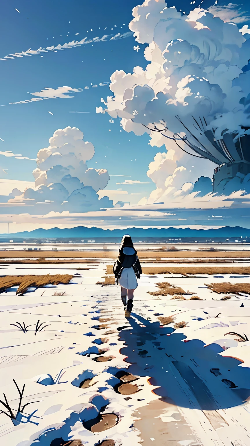 (Footprints continuing on a large snowy field :1.2)、( I don't know what footprints )、( footprints are suddenly interrupted )、( There is an unknown floating object floating in the sky:1.2)、 mysterious、 Sci-fi 、 High Quality 、 high image quality、masterpiece、wallpaper、8k、