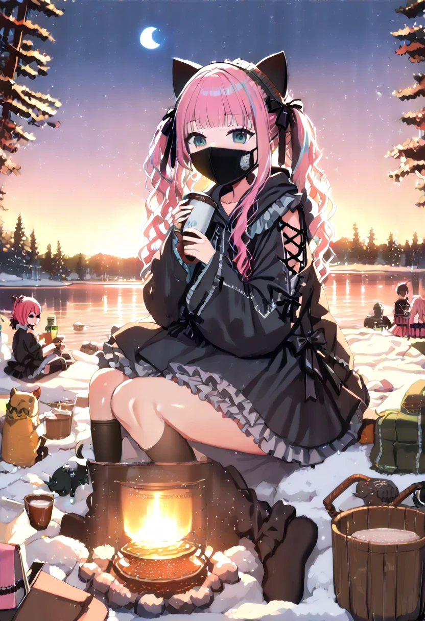 (hatsune miku:1.2), (gleaming skin, shiny skin:1.4), (pink colour in hair:1.4), (black cat ears hat:1.2), (black mouth mask:1.4), (black oversized hoodie:1.2), (winter oversized hoodie:1.4), (jirai kei, black short sleeves ruffle dress, black socks, lolita fashion black bow watson cross:1.4), (pink hair ribbon:1.4), (drinking cocoa:1.4), (winter camp, cantera, lakeside:1.4), (midnight, fullmoon:1.4), (under moonlight:1.4), 