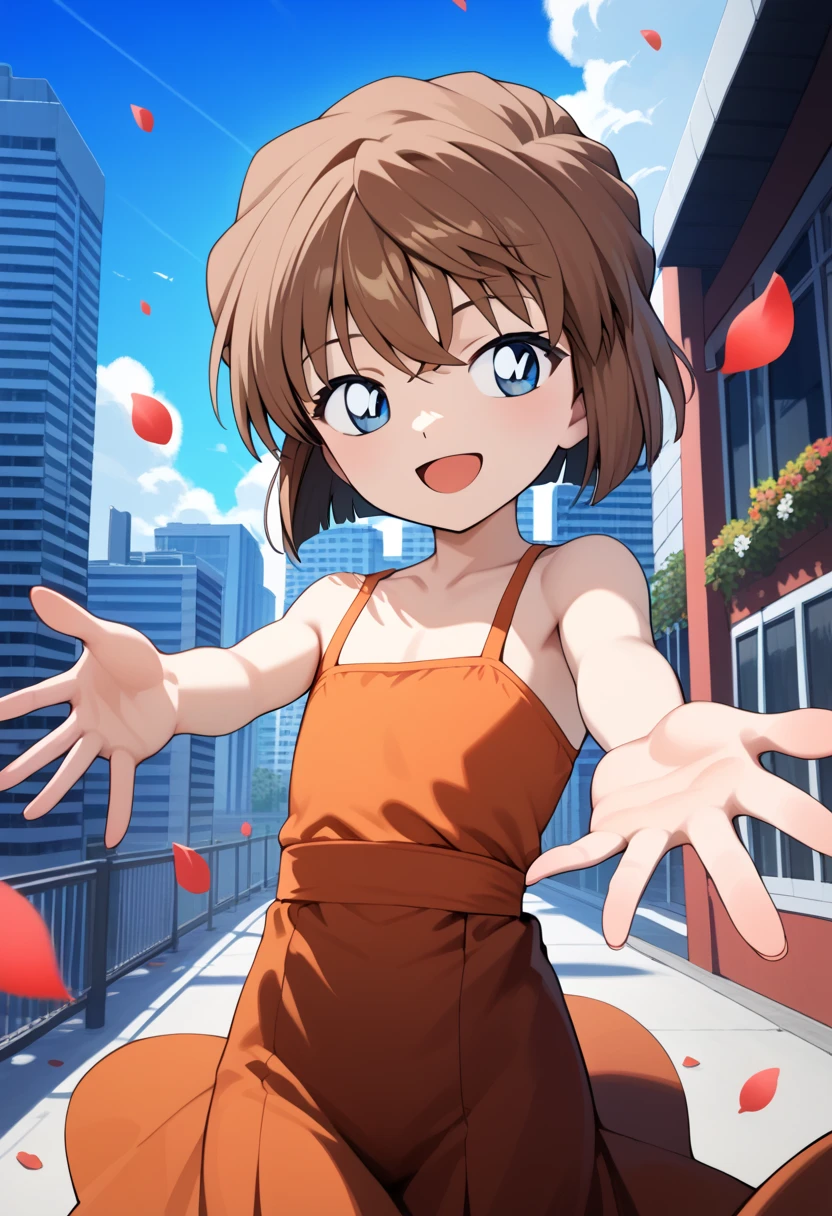  score_9,  score_8_up,  score_7_up,  score_6_up,  score_5_up,  score_4_up,  source_Anime, ,  shorthair,  brown hair,  blue eyes,  flat chested, clavicle ,  standing,  cowboy shot, Reaching , Outdoor, city,  petals, smile,  open mouth,