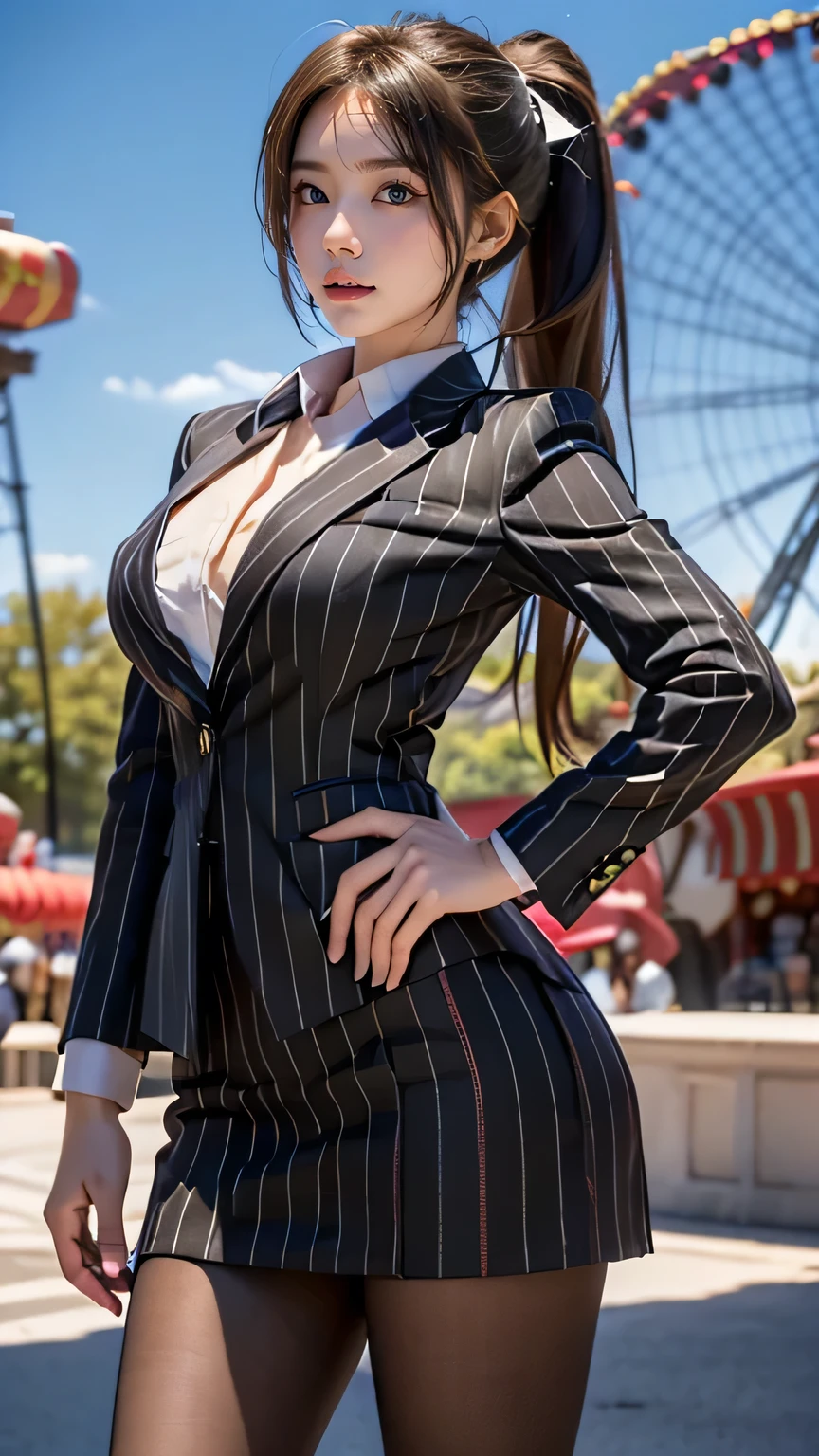((( top quality))), (( Masterpiece )), ( Details), ((Alone)), ((((((A girl dressed as Isuzu Chito)))))), ((( slender body:1.4, Big Breasts , Thick Ass, slim, Thin Waist , toned thick thighs, Thin legs))),( pretty nipples with visible buttocks, camel toe ,Camel hoof), (( growing skin , white skin, growing skin )), Mysterious Light, ((( Girl with a well-groomed face ))), (( big eyes)), ((((((Droopy eyes)))))), (((( closes the eye )))), (((( accurate anatomy )))), Completely-valid , eyeshadow, earrings for women alone , Necklaces , (((((aaisuzu, 1girl, ponytail, brown eyes, pinstripe suit, black suit, collared shirt, pinstripe skirt, black pantyhose))))),((( random gravure pose))),(((Amusement park background))),
