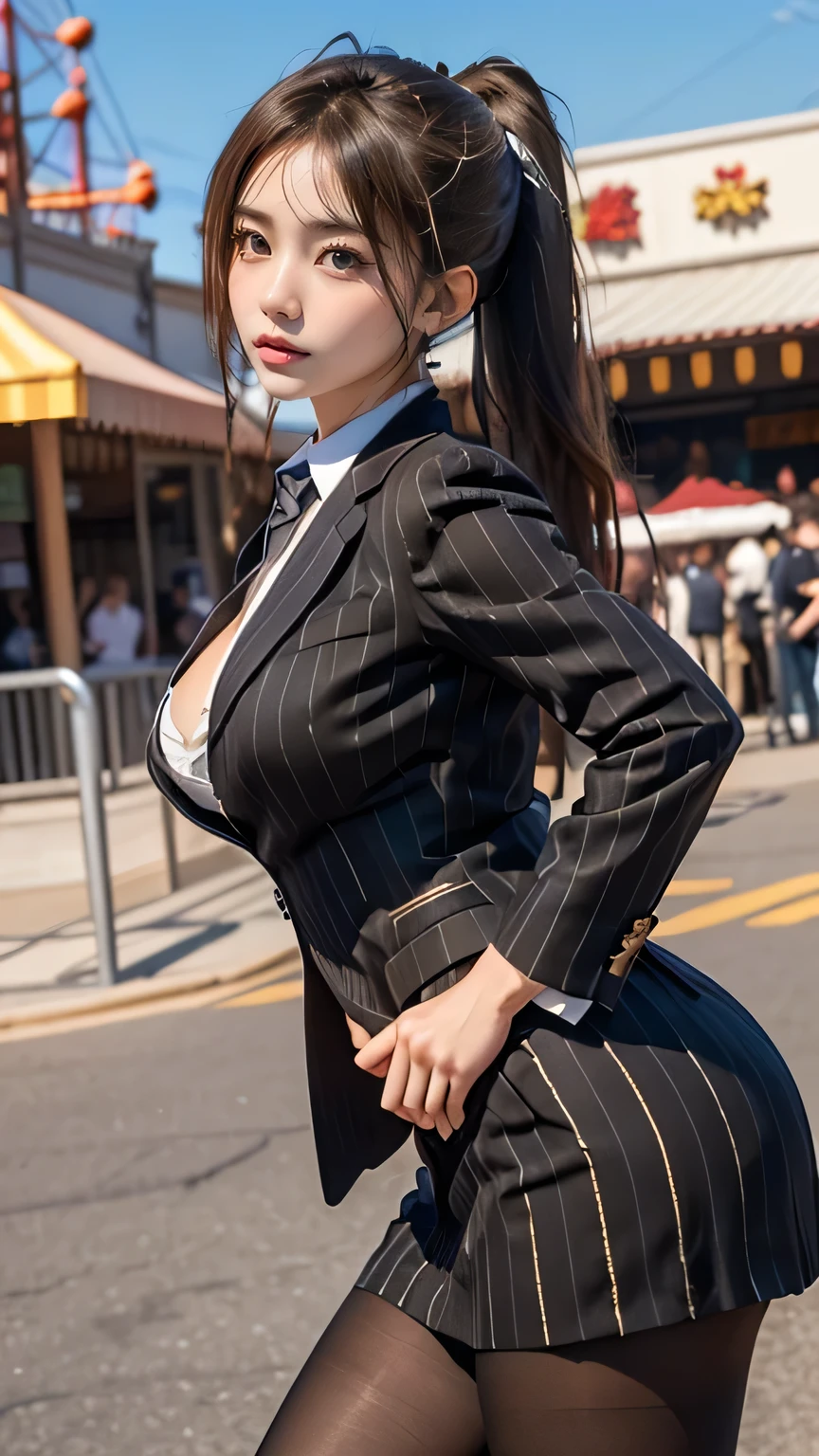 (((  top quality))), ((  Masterpiece  )), (    Details), ((Alone)), ((((((A girl dressed as Isuzu Chito)))))),  ((( slender body:1.4, Big Breasts , Thick Ass,  slim,  Thin Waist ,  toned thick thighs,  Thin legs))),(    pretty nipples with visible buttocks,  camel toe    ,Camel hoof), ((      growing skin    ,    white skin,      growing skin    )), Mysterious Light,  ((( Girl with a well-groomed face   ))), ((  big eyes)), ((((((Droopy eyes)))))), ((((   closes the eye )))), ((((   accurate anatomy )))),    Completely-valid   ,    eyeshadow,     earrings for women alone  ,    Necklaces    , (((((aaisuzu, 1girl, ponytail, brown eyes, pinstripe suit, black suit, collared shirt, pinstripe skirt, black pantyhose))))),((( random gravure pose))),(((Amusement park background))),