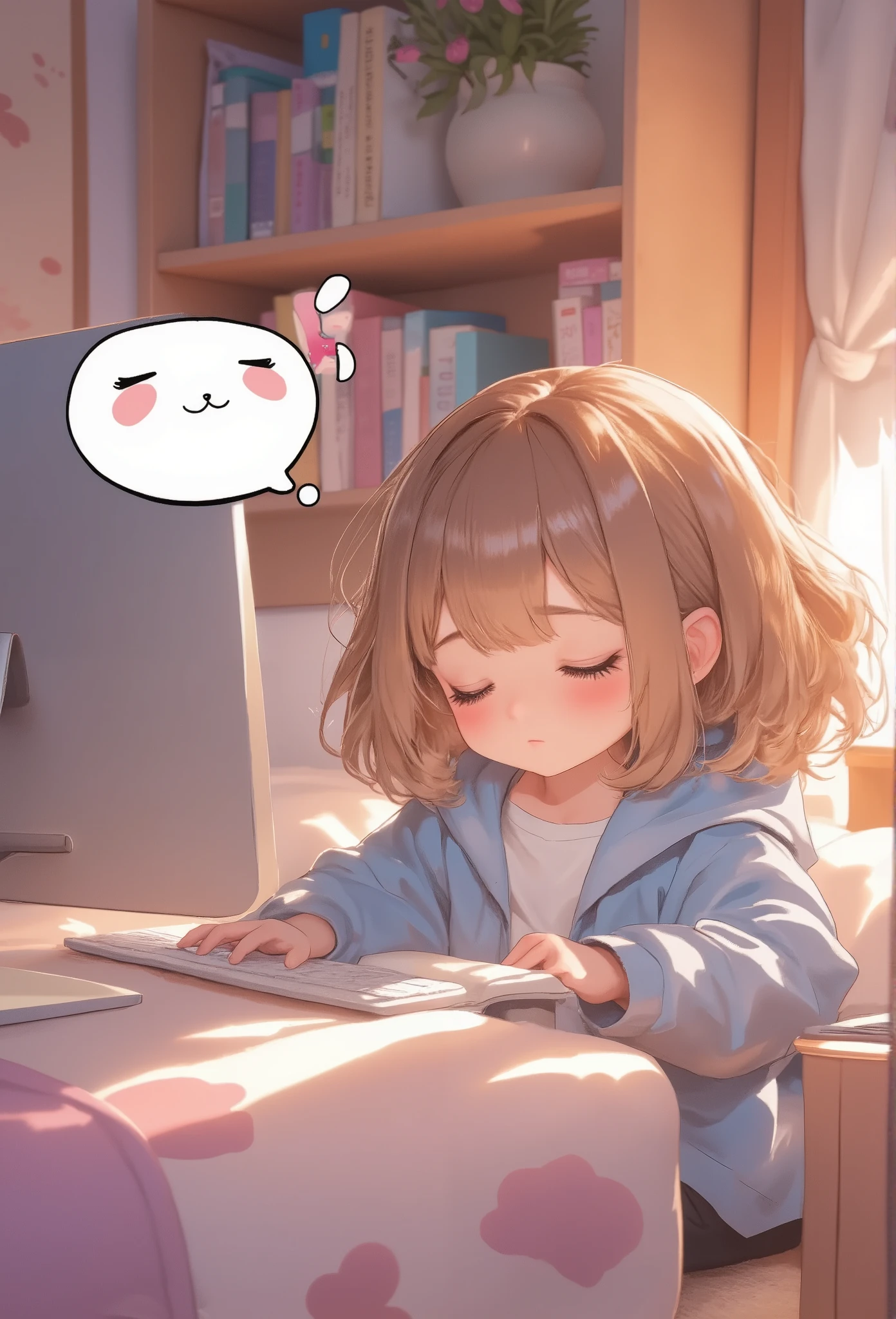 cute illustration style,1girl,chibi,trk, Computer work, (Speech bubble,”many stamina…”),, dreamy hotel rooms