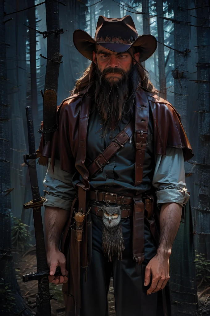 cowboy, misty forest, long beard, cowboy hat, machete, brown leather, owl