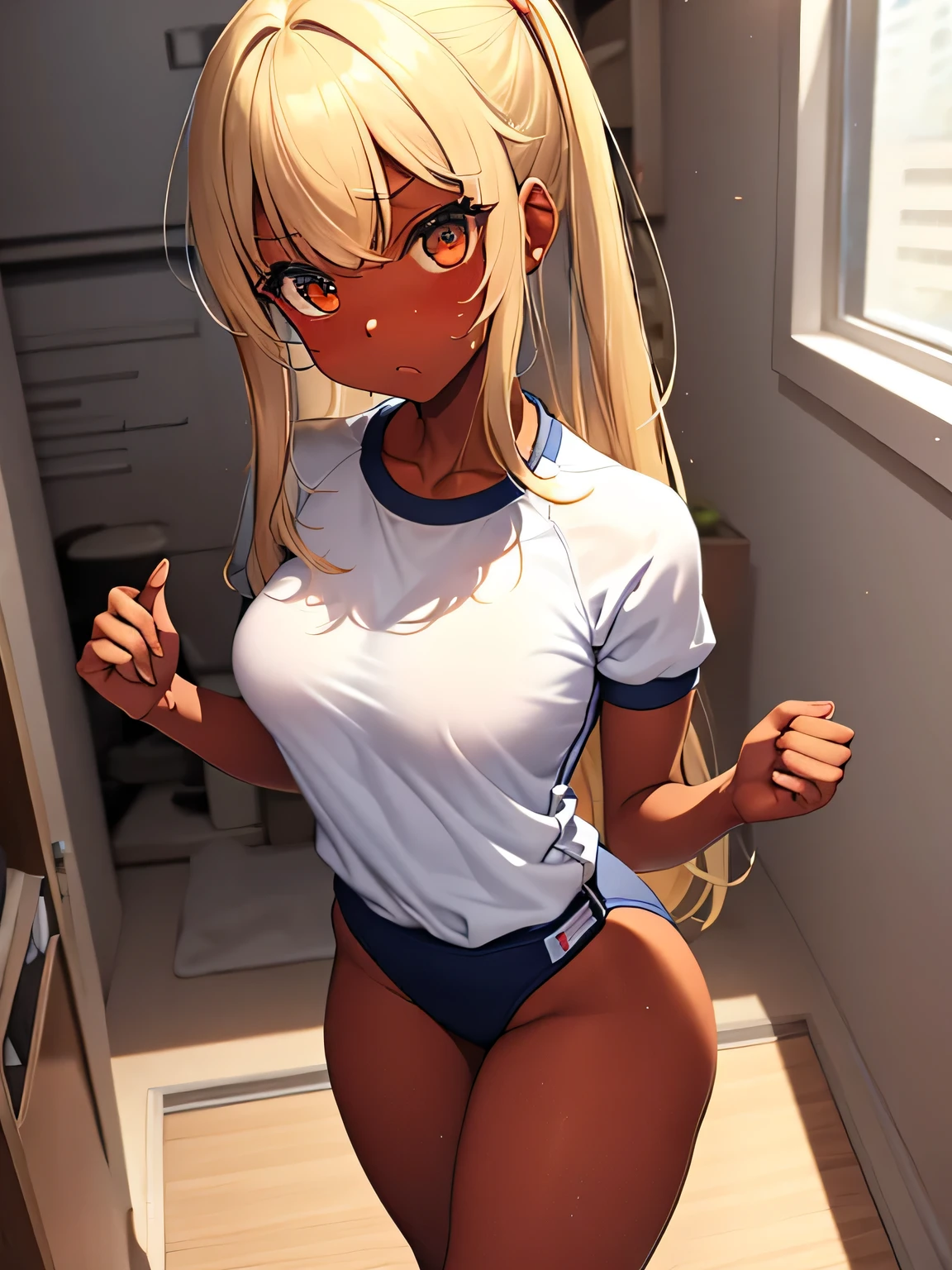 1 girl, blonde, blonde hair, tan skin, dark skin, nsfw, evil smile, blush, horny, totally nude, naked, undress, masterpiece, best quality, looking at viewer, small breast, big ass, big buttoks, petite, petite body, clasroom, school,, miniskirt, upskirt, visible pussy, loli, flatchest,
