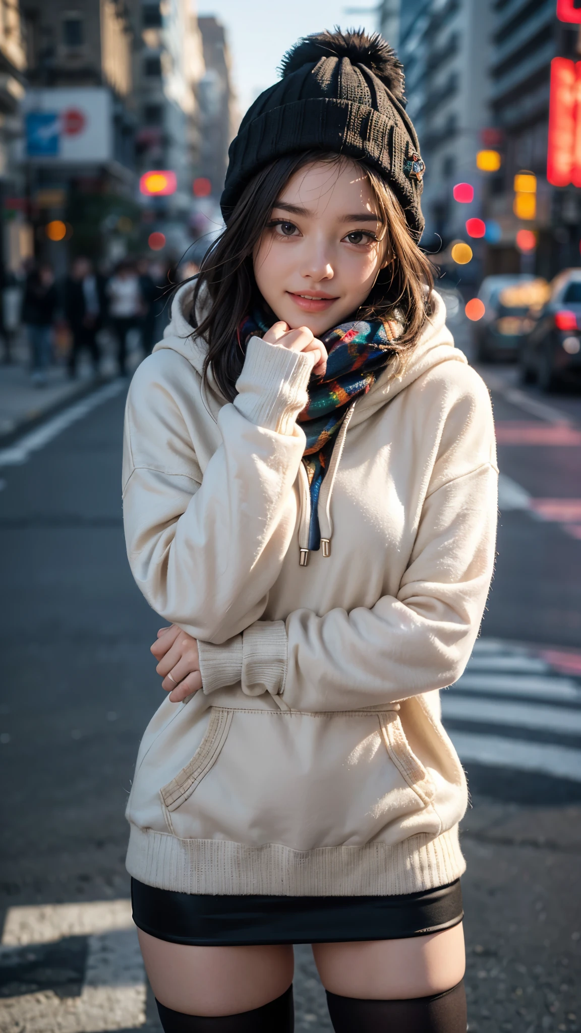 ((Masterpiece)), (Best Quality), 1 girl, Parker, Brown hair, Long hair, Smile, Hands on back, Closed eyes, Cute, City, Real, Live action, Close eyes