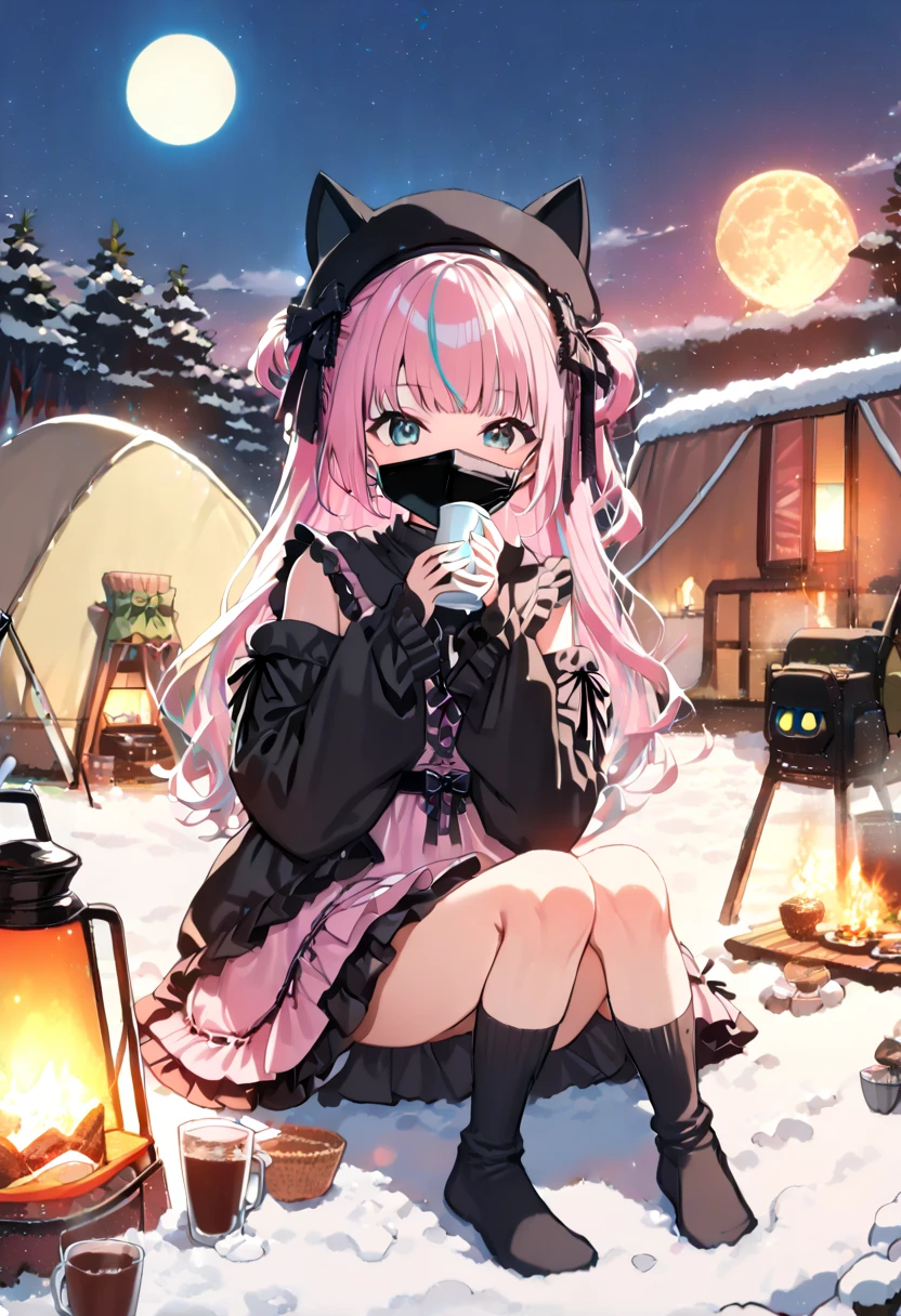 (hatsune miku, 1girl, solo:1.2), (gleaming skin, shiny skin:1.4), (pink colour in hair:1.4), (black cat ears hat:1.2), (black mouth mask:1.4), (black oversized hoodie:1.2), (winter oversized hoodie:1.4), (jirai kei, black short sleeves ruffle dress, black socks, lolita fashion black bow watson cross:1.4), (pink hair ribbon:1.4), (drinking cocoa:1.4), (winter solo camp, cantera, lakeside:1.4), (midnight, fullmoon:1.4), (under moonlight:1.4), 