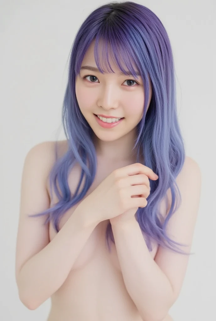 Very cute 22 years old,Big TitsFull Body,long hair,(Blue-purple hair 1.4),Height: 178cm,(topless:1.4),A big smile