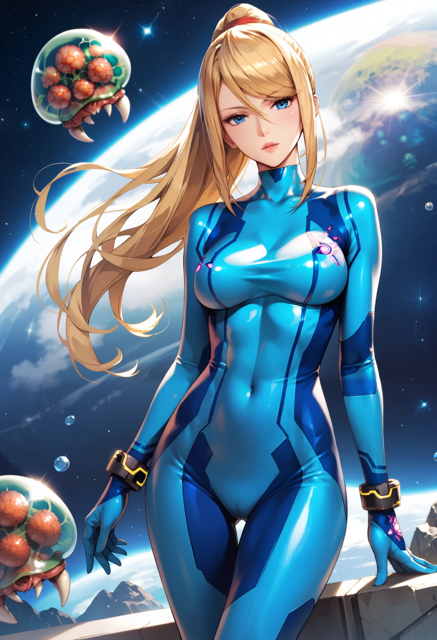 sfw, anime style, extremely detailed CG, high resolution, best quality, masterpiece, single woman, Samus (Metroid), blue eyes, (beautiful detailed eyes: 1.4), blonde hair, hair tied back, blue monosuit, slim waist, long legs, natural pose, space