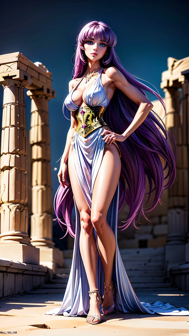 Illustration of a beautiful, delicate full-body layout of a 20-year-old woman: with a golden ratio face, a perfect body and a cheerful expression, a happy smile combined with white teeth attracts all eyes. look, long purple hair, pink lips, diamond jewelry, evening gown, displayed in 8K resolution with super fine detail, white skin in every detail with perfect beauty. eyes looking out, the Colosseum landscape.