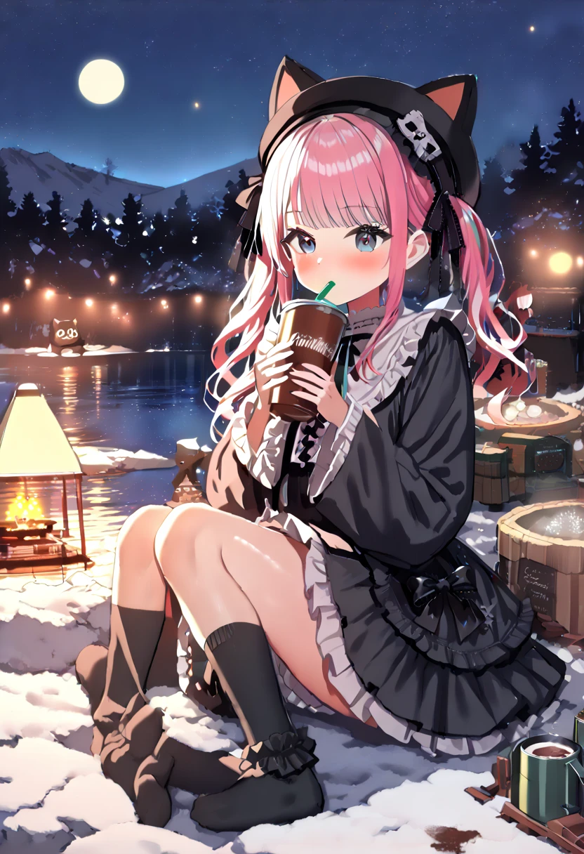 (hatsune miku, 1girl, solo:1.2), (gleaming skin, shiny skin:1.4), (black cat ears hat:1.2), (black oversized hoodie:1.2), (winter oversized hoodie:1.4), (jirai kei, black short sleeves ruffle dress, black socks, lolita fashion black bow watson cross:1.4), (pink hair ribbon:1.4), (drinking cocoa:1.4), (winter solo camp, cantera, lakeside:1.4), (midnight, fullmoon:1.4), (under moonlight:1.4), 