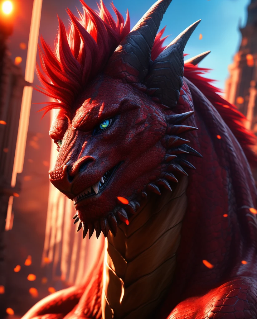 muscular dragon furry, detailed face, detailed eyes, red hair, full body, (best quality,4k,8k,highres,masterpiece:1.2),ultra-detailed,(realistic,photorealistic,photo-realistic:1.37),highly detailed anatomy, hyper realistic, dynamic pose, dramatic lighting, vibrant colors, cinematic composition