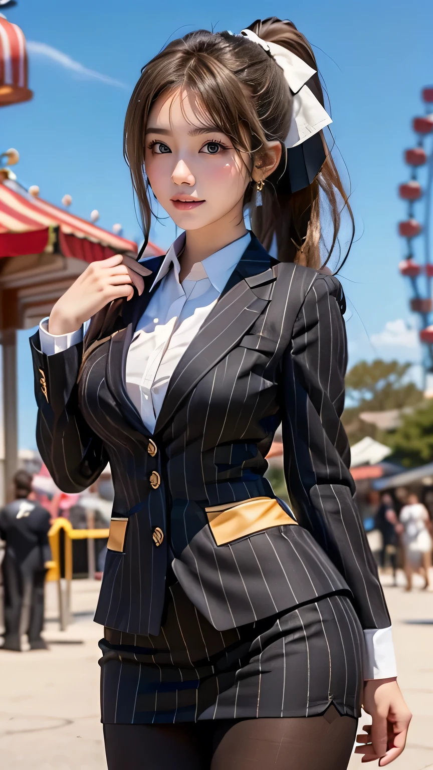 (((  top quality))), ((  Masterpiece  )), (    Details), ((Alone)), ((((((A girl dressed as Isuzu Chito)))))),  ((( slender body:1.4, Big Breasts , Thick Ass,  slim,  Thin Waist ,  toned thick thighs,  Thin legs))),(    pretty nipples with visible buttocks,  camel toe    ,Camel hoof), ((      growing skin    ,    white skin,      growing skin    )), Mysterious Light,  ((( Girl with a well-groomed face   ))), ((  big eyes)), ((((((Droopy eyes)))))), ((((   closes the eye )))), ((((   accurate anatomy )))),    Completely-valid   ,    eyeshadow,     earrings for women alone  ,    Necklaces    , (((((aaisuzu, 1girl, ponytail, brown eyes, pinstripe suit, black suit, collared shirt, pinstripe skirt, black pantyhose,open chest))))),((( random gravure pose))),(((Amusement park background))),