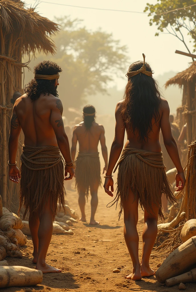 A group of 3 indigenous people raising improvised weapons 




