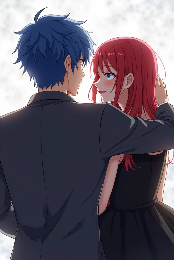 A princess with long dark blue hair and blue eyes in a black kimono suit and is fighting with an Assassin with red hair and white eyes in an anime manga version suit and everything is dark with bright yellow stars.