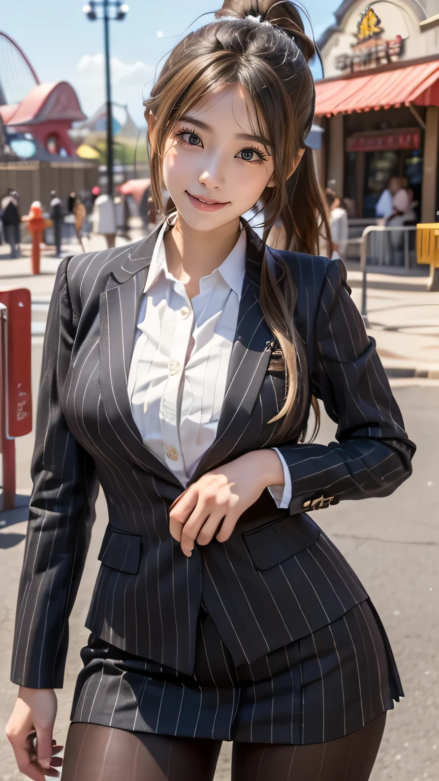 (((  top quality))), ((  Masterpiece  )), (    Details), ((Alone)), ((((((A girl dressed as Isuzu Chito)))))),  ((( slender body:1.4, Big Breasts , Thick Ass,  slim,  Thin Waist ,  toned thick thighs,  Thin legs))),(    pretty nipples with visible buttocks,  camel toe    ,Camel hoof), ((      growing skin    ,    white skin,      growing skin    )), Mysterious Light,  ((( Girl with a well-groomed face   ))), ((  big eyes)), ((((((Droopy eyes)))))), ((((   closes the eye )))), ((((   accurate anatomy )))),    Completely-valid   ,    eyeshadow,     earrings for women alone  ,    Necklaces    , (((((aaisuzu, 1girl, ponytail, brown eyes, pinstripe suit, black suit, collared shirt, pinstripe skirt, black pantyhose,open chest))))),((( random gravure pose))),(((Amusement park background))),