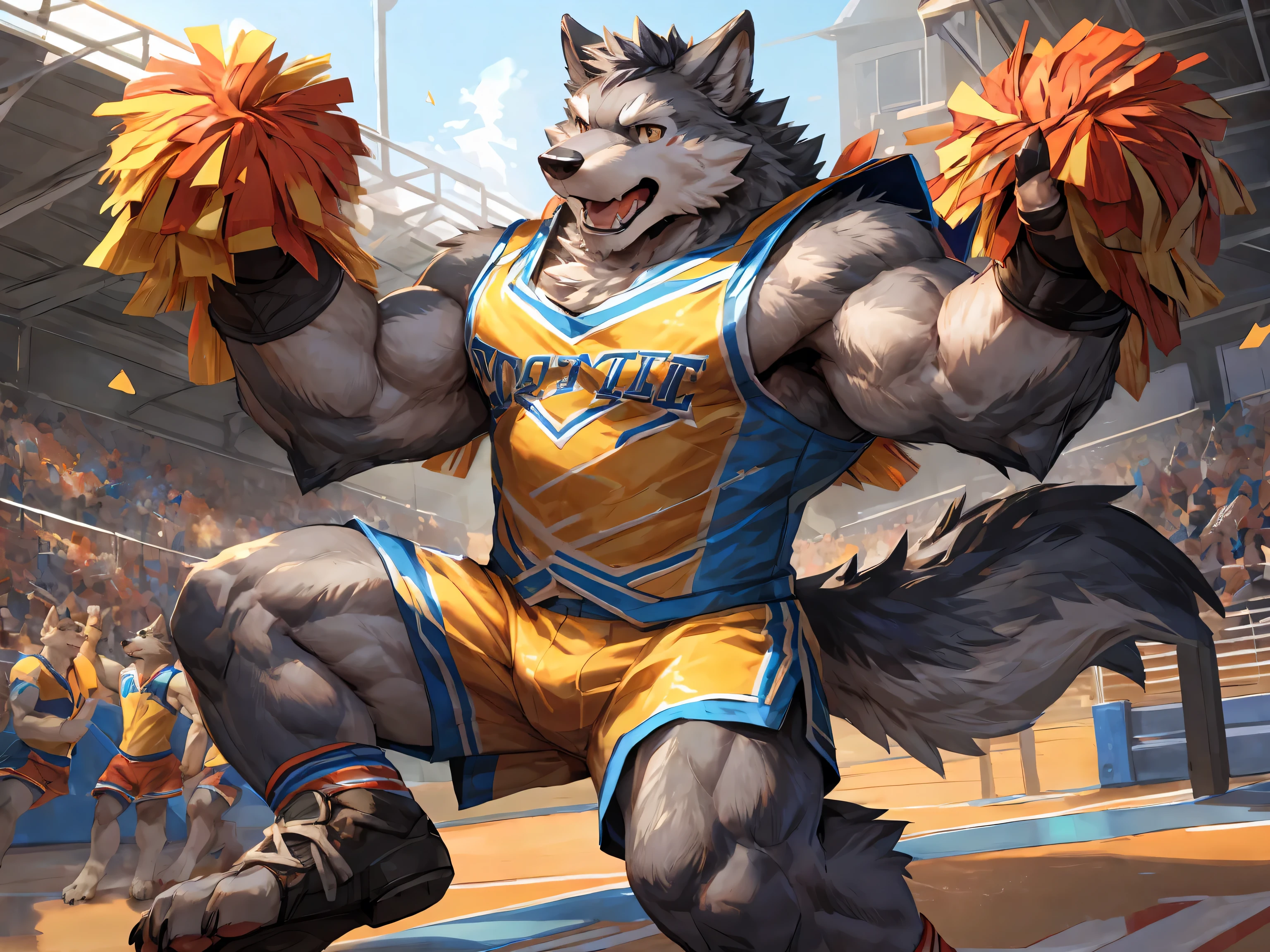 wolf, (gray fur:1.3), solo, Campus Basketball Court, paw pads details, cheering gesture, exposing the armpit, encouragement gesture, yellow Cheerleader uniform, Bleachers, masterpiece, (16K), HD, Various facial details, detailed background, very detailed, dynamic poses, Eyes details, high resolution, high quality, correct anatomy , cartoon, by lindong, by null-ghost, holding Pom-poms, holding Poms, shorts