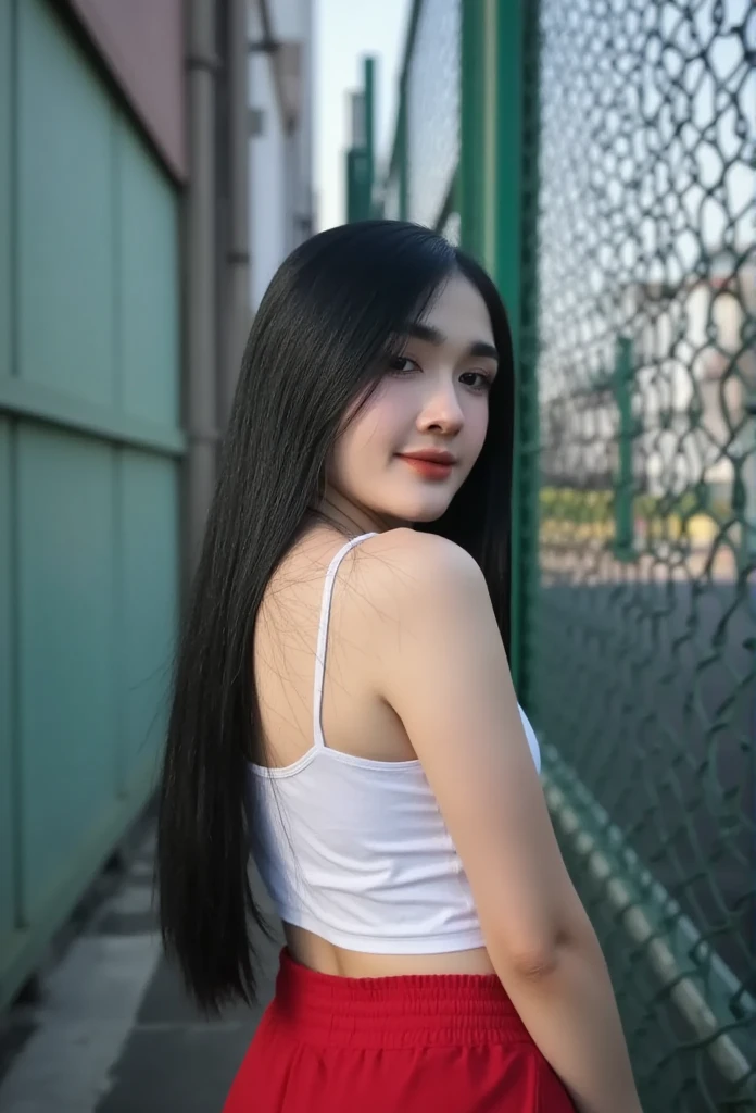 Thai Woman, look at viewer, long hair, T-Shirt , jeans, (town rooftop), film grain, rim light, upper body, close up shot, hands in pocket