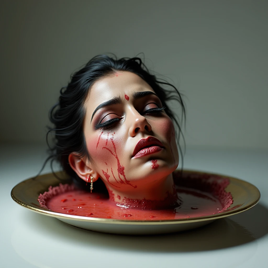 decapitated female head on a plate, covered in flesh,  full of blood, beautiful young girl, ((eyes closed)), served like a food dish, bloody, photorealistic, 4K, Nikon, horror