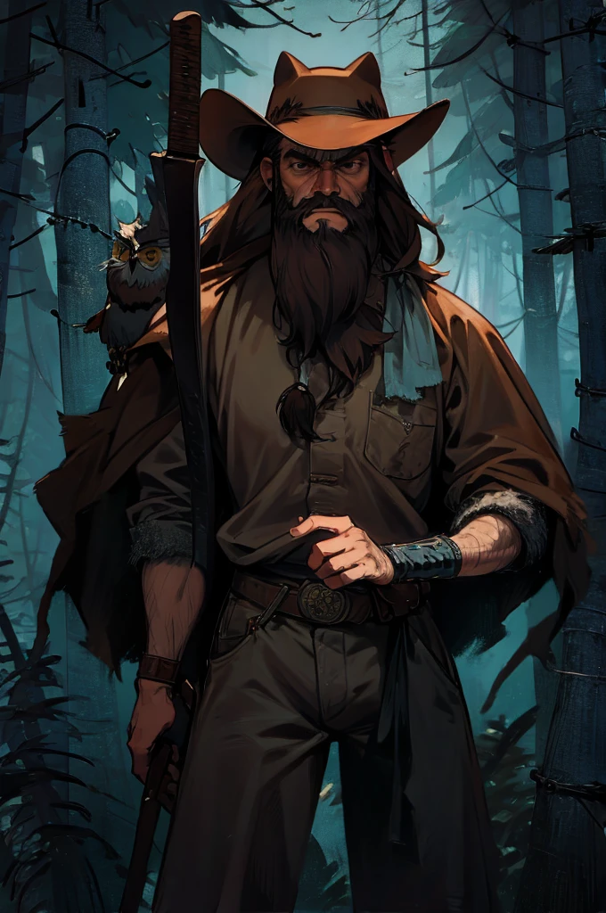 cowboy, misty forest, long beard, cowboy hat, machete, brown leather, owl